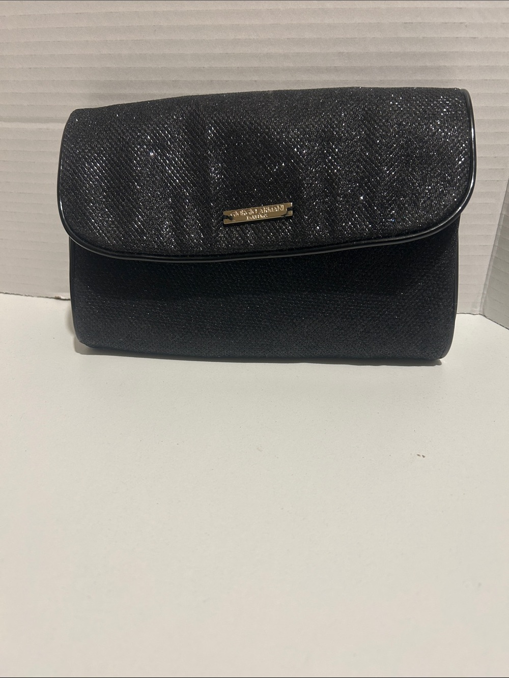 Giorgio Armani Black Sparkle Flap Clutch with Gold Logo Plaque